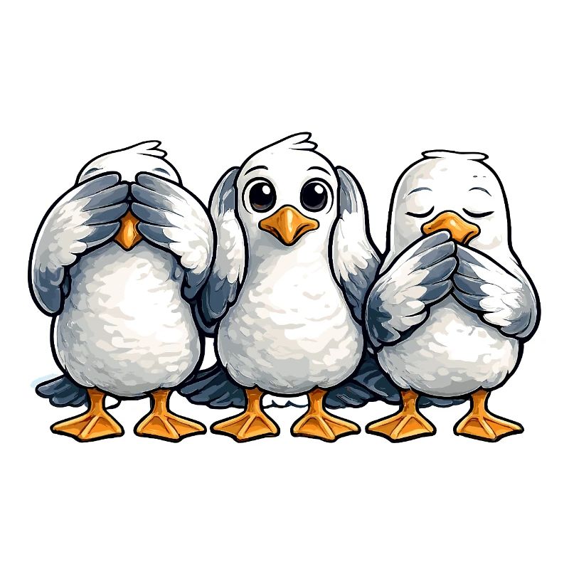 Three seagulls see nothing hear nothing say nothing