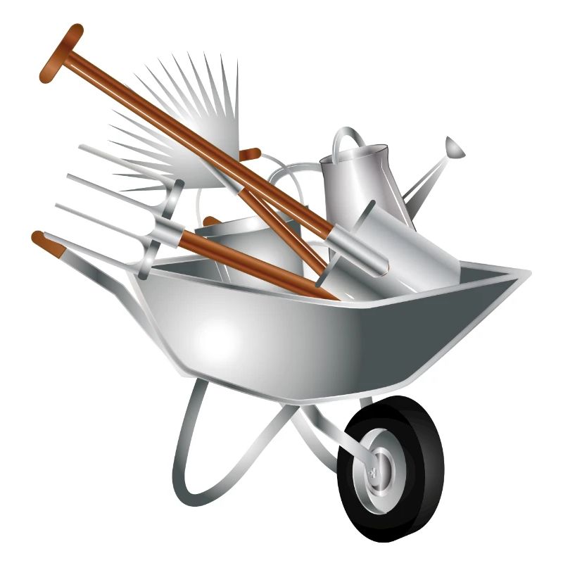 various garden tools in a wheelbarrow
