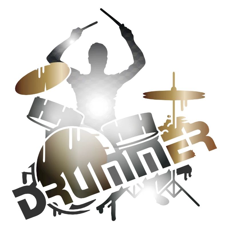 Drummer sits on drums with typography