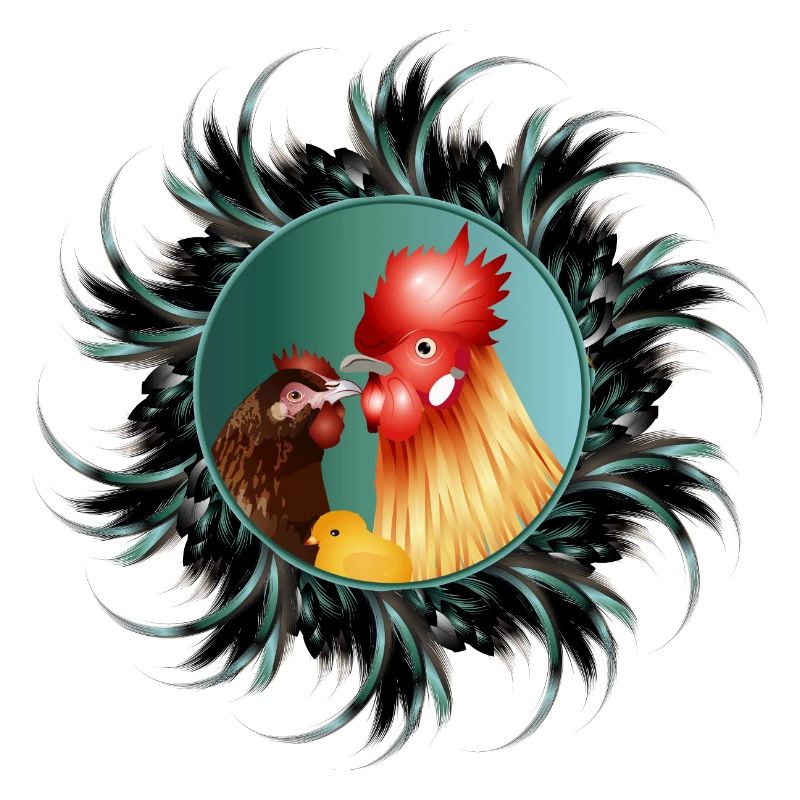 Rooster with hen and chicks in feather frame