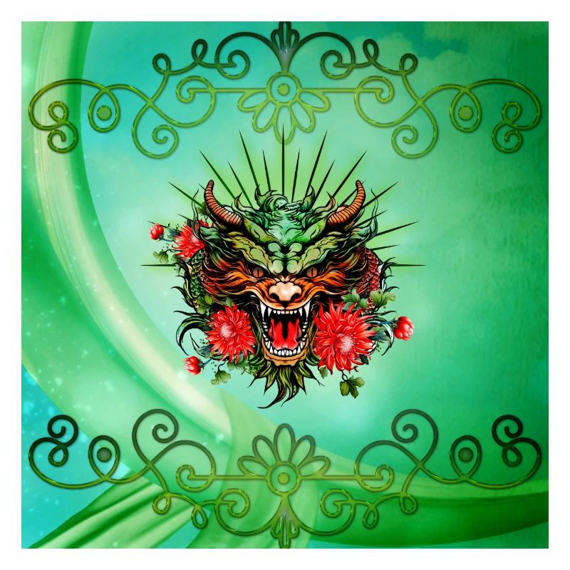 Wunderschöner bunter Drachenkopf mit Blumen.