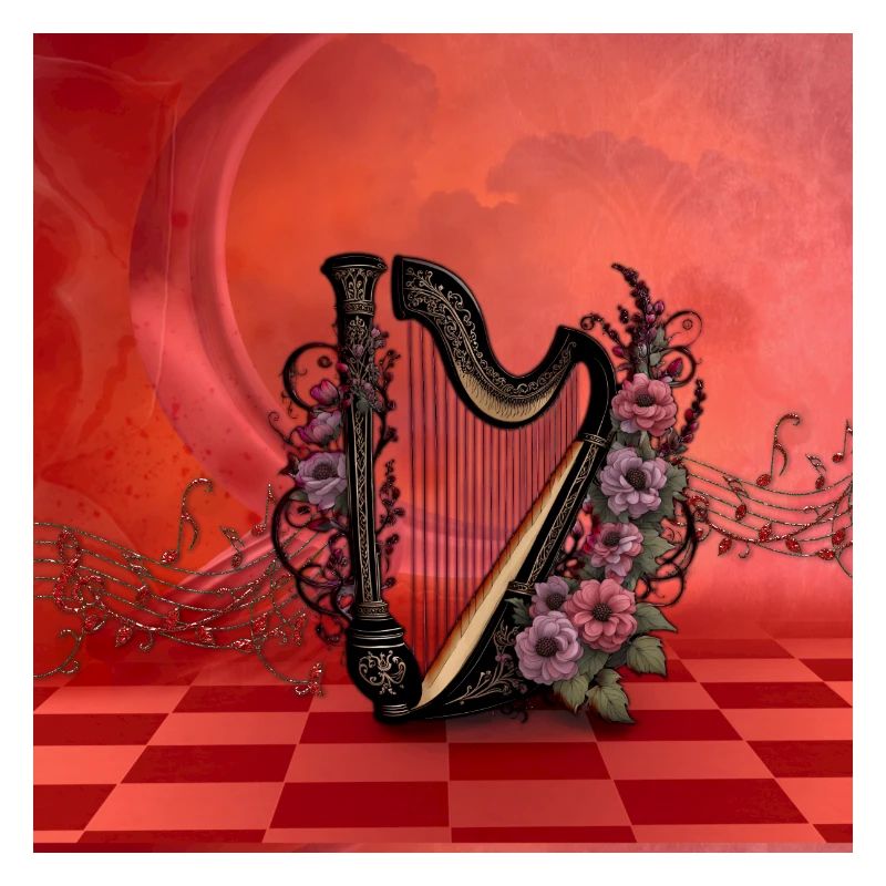 Wunderschöne Harfe mit bunten Blumen.