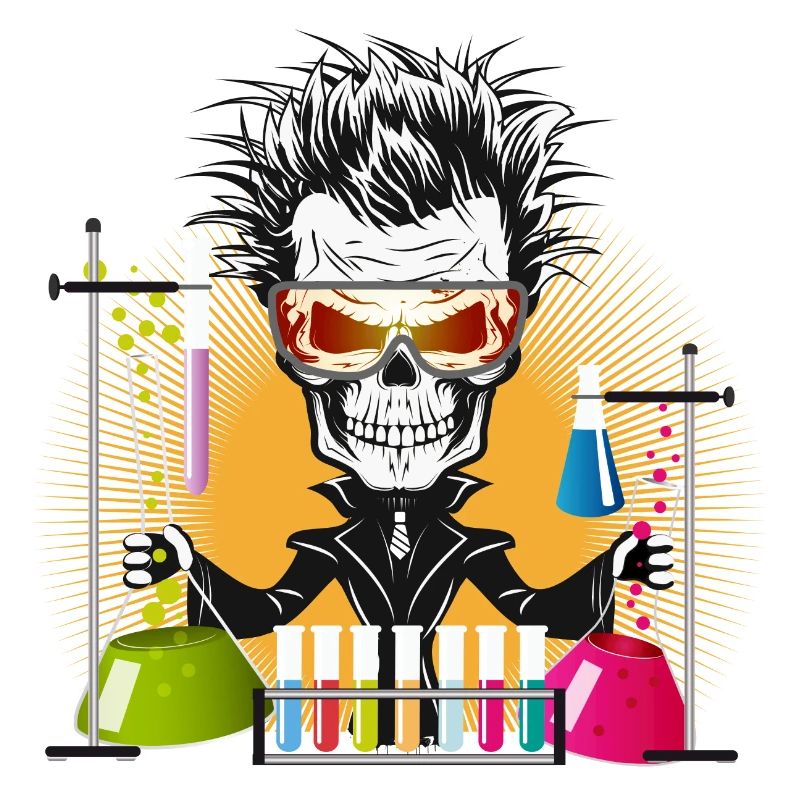 Skull as a gloomy scientist in the laboratory