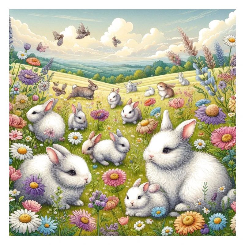 Lapins dans un champ de fleurs