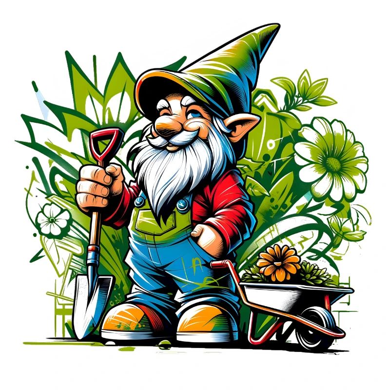 Bunter, lebendiger Gartenzwerg umgeben von Blumen