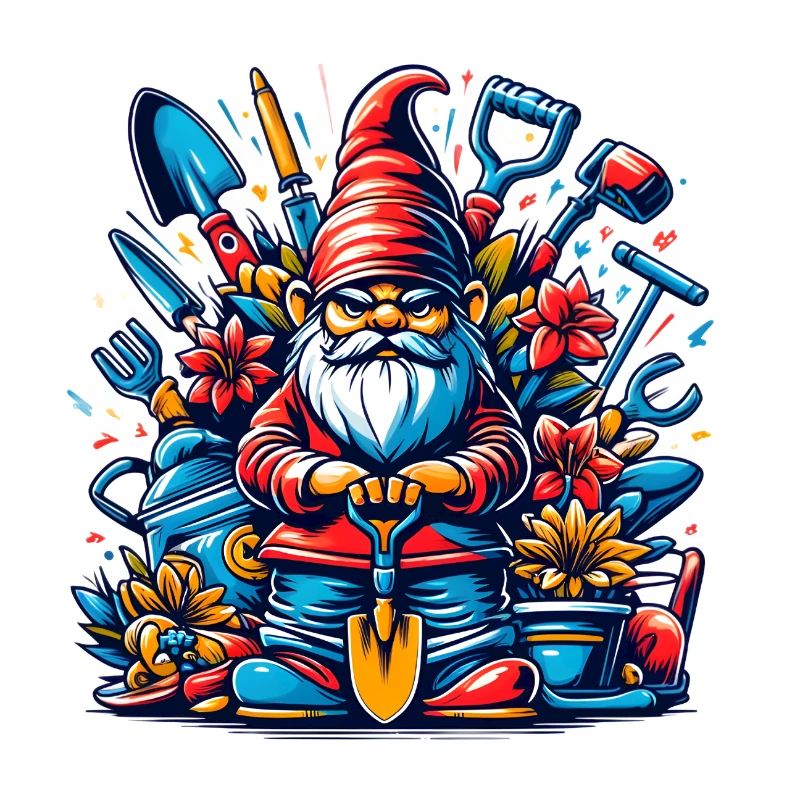 Colorful, grim garden gnome with flowers & tools
