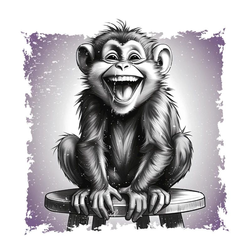 Monkey laughing sitting on stool