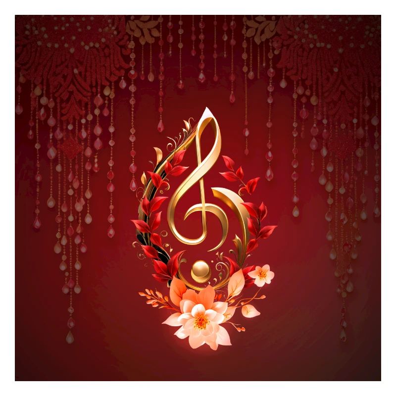 Clé de sol dorée avec des feuilles rouges.