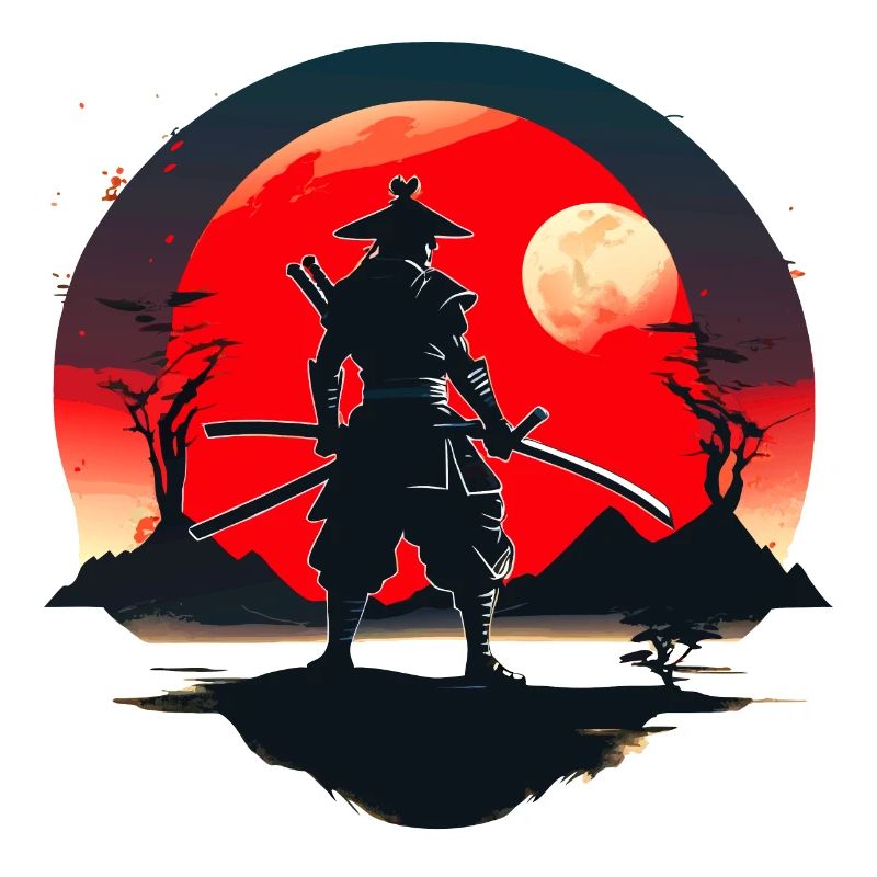 Samurai Silhouette with Red Moon Background