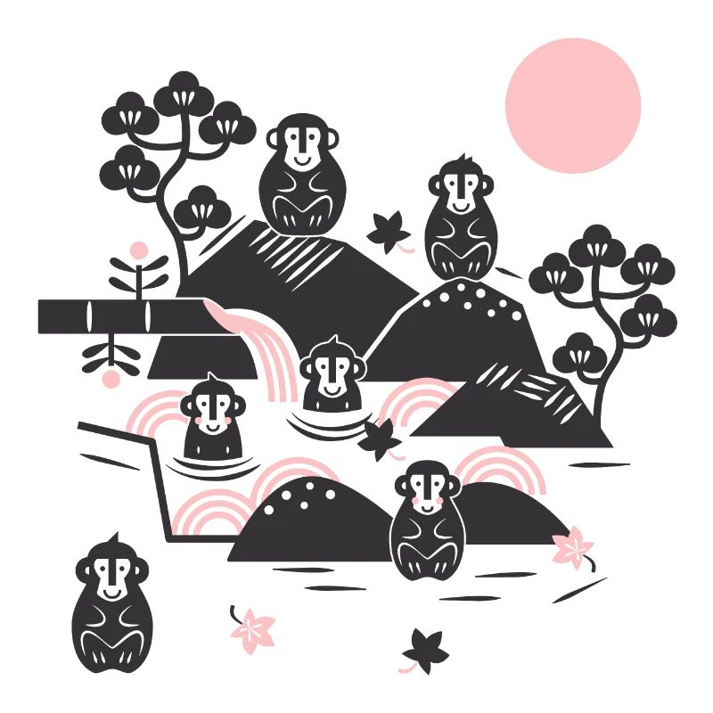 Singes effrayants dans une source chaude l noir rose