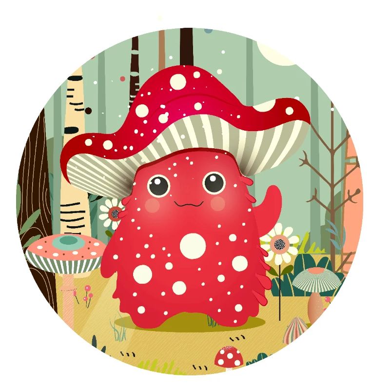 Monstre champignon drôle dans la forêt colorée