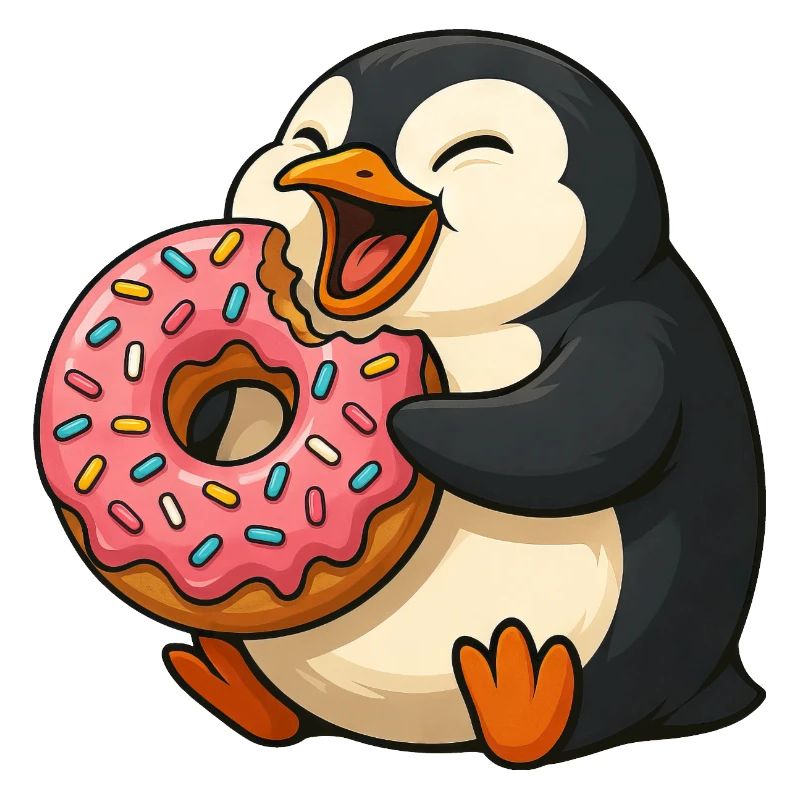 Cute Penguin Donut Lover Cartoon Munching