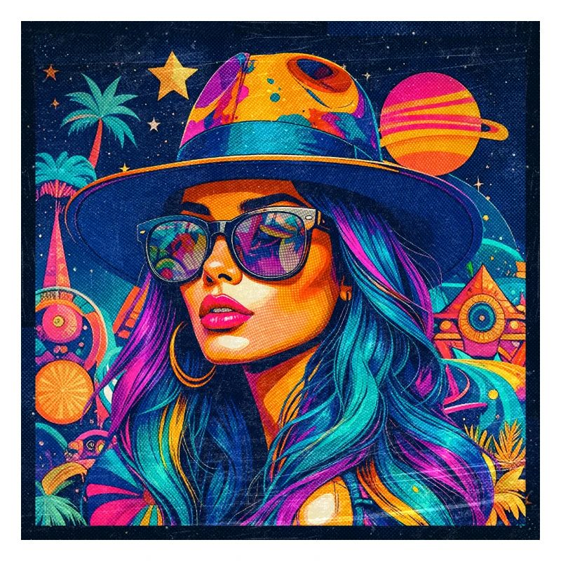 Women's summer colors, planets and palm trees, femininity