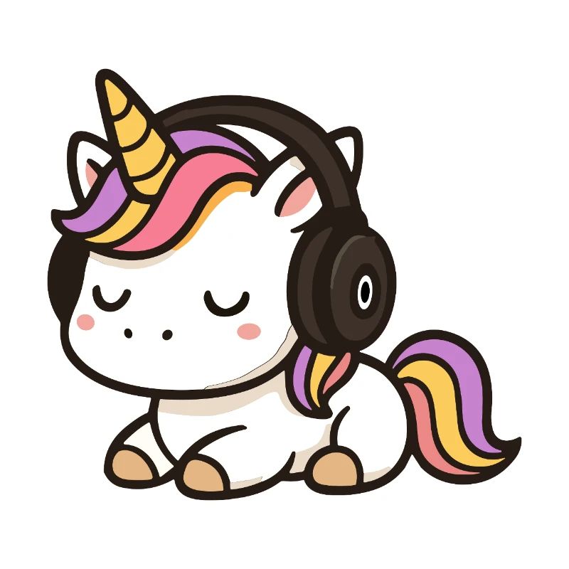 Dessin animé licorne mignon avec des écouteurs dormant