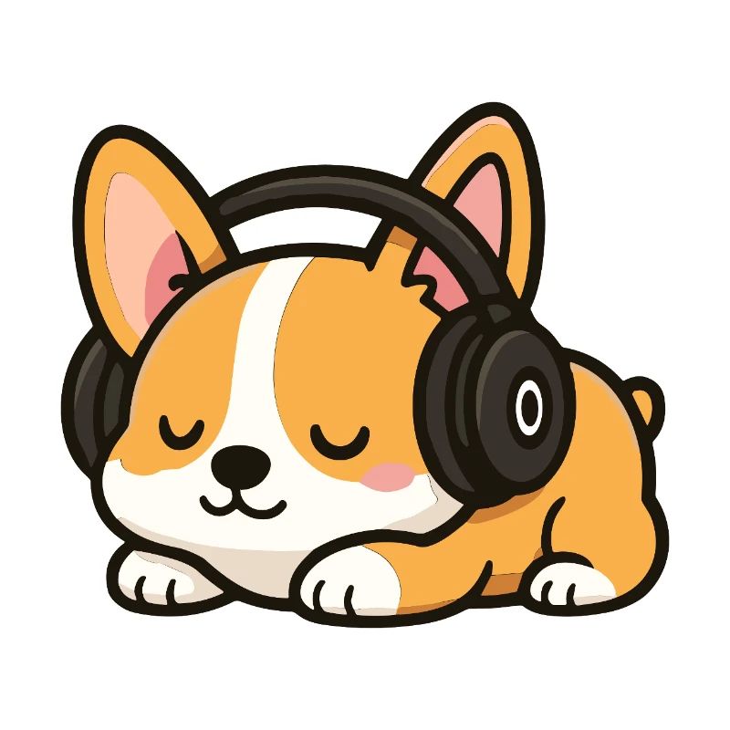 Dessin animé mignon de chien corgi avec des écouteurs dormant