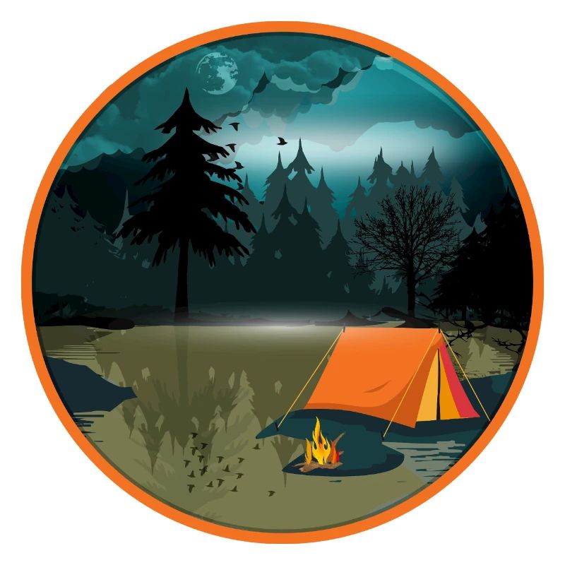 Night camping in the forest with campfire and tent
