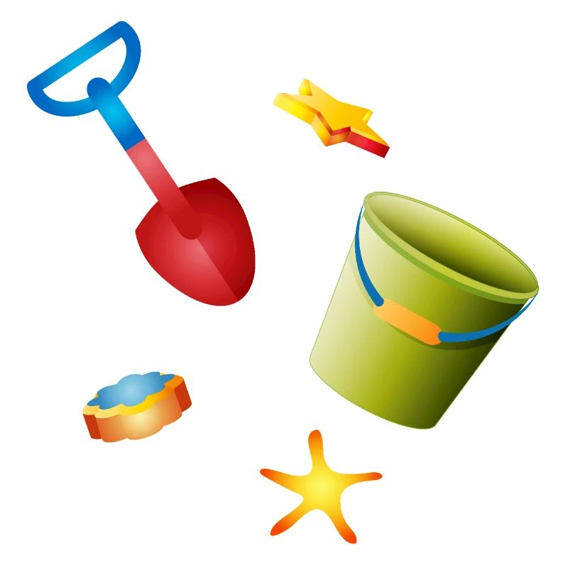 Bunte Schaufel und Eimer mit Förmchen am Strand