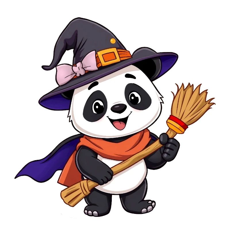 Cute witchy Halloween Panda with Broom