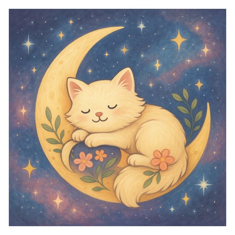 Sleeping cat on moon in starry sky