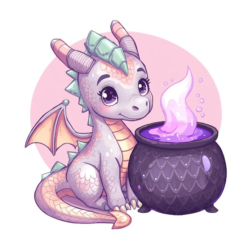 Cute Dragon with Magic Cauldron – Fantasy Art