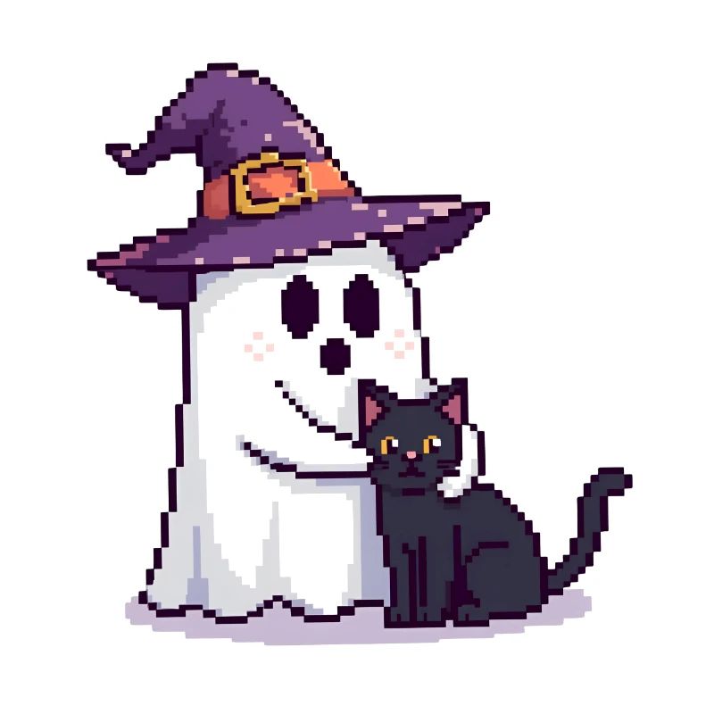 Pixel Ghost with Witch Hat & Cat – Halloween