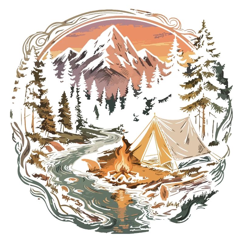Mountain forest camping by the fire