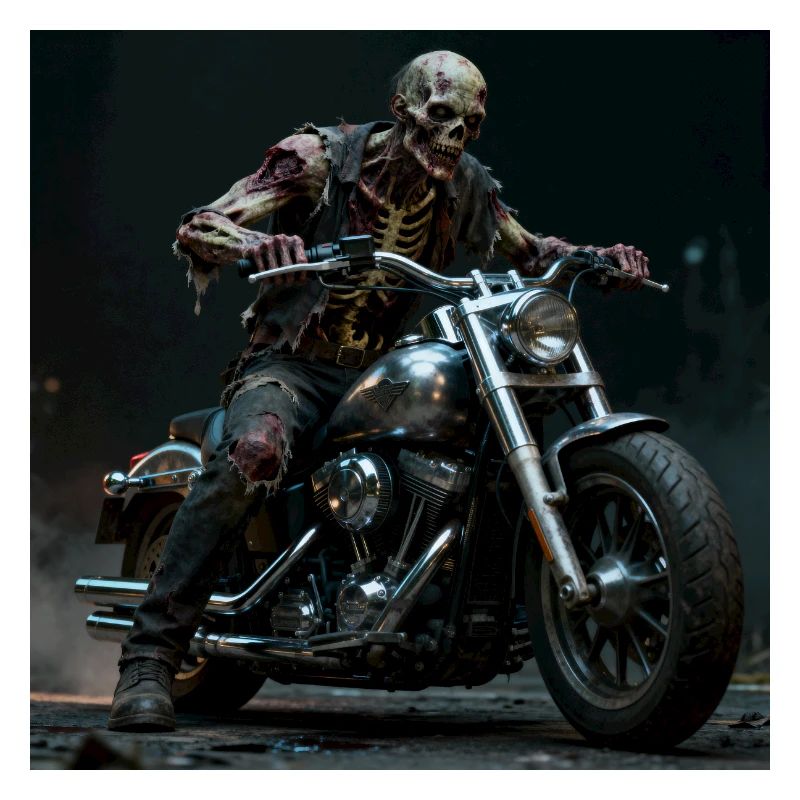 Zombie biker on motorcycle in pit light