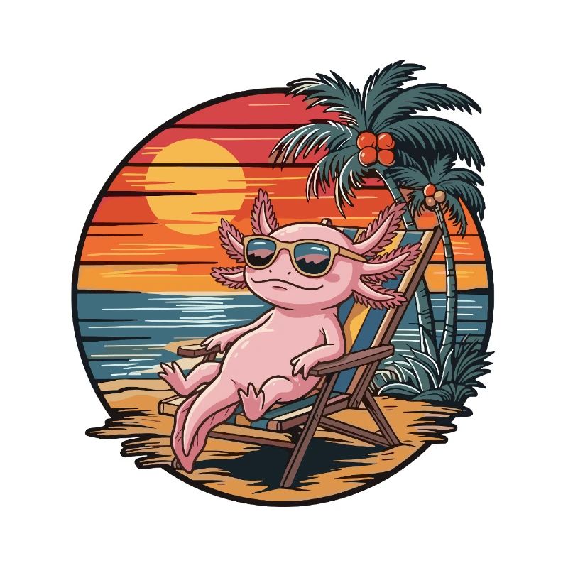 Funny Axolotl on Beach Summer Vacation Sunset