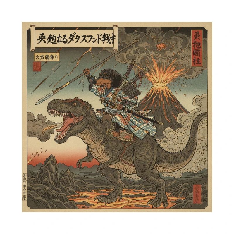 Dackel Samurai-Krieger reitet auf T-Rex Dinosaurier