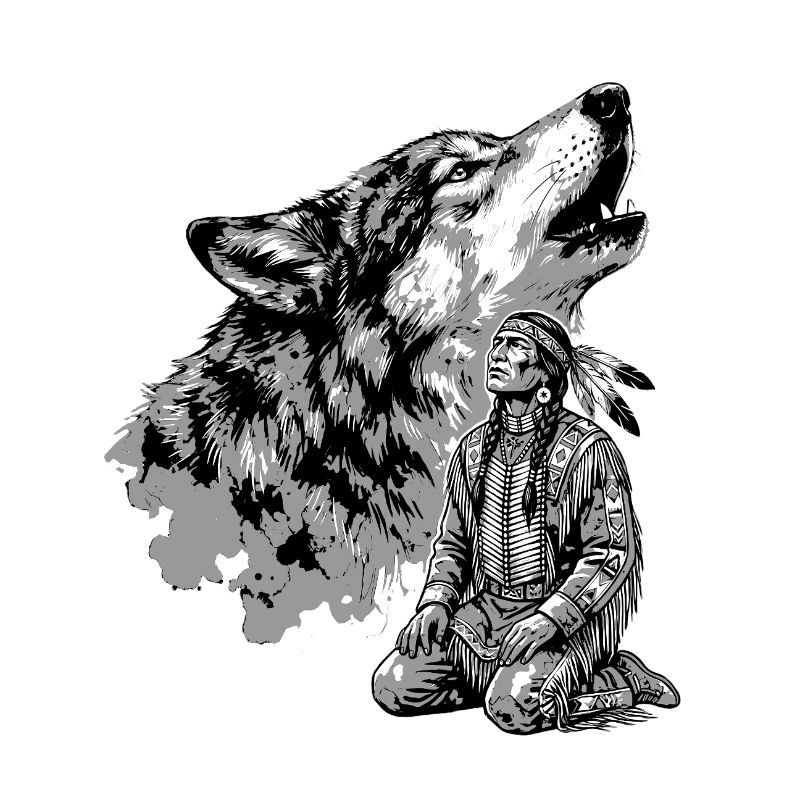 Indian warrior with howling wolf
