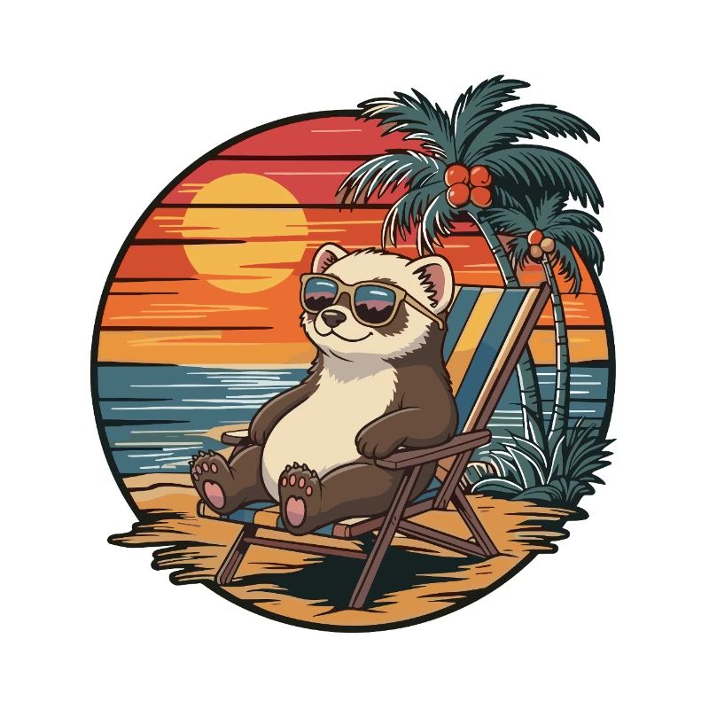 Funny Ferret on Beach Summer Vacation Sunset