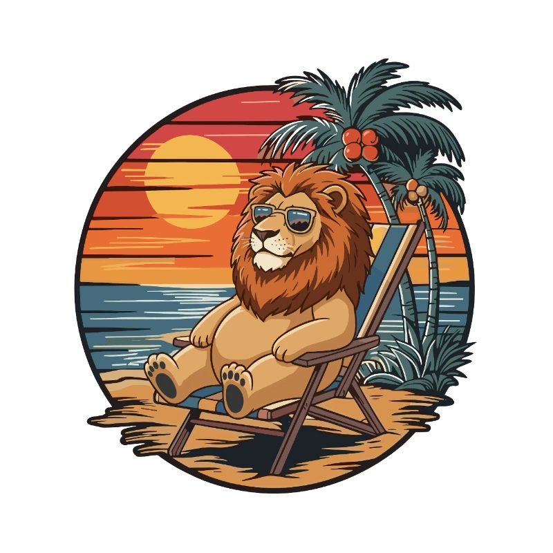 Funny Lion on Beach Summer Vacation Sunset