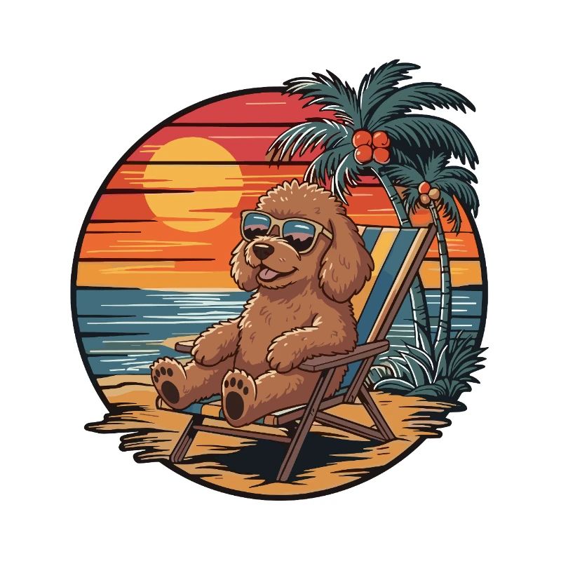 Caniche drôle sur le coucher de soleil des vacances d’été à la plage