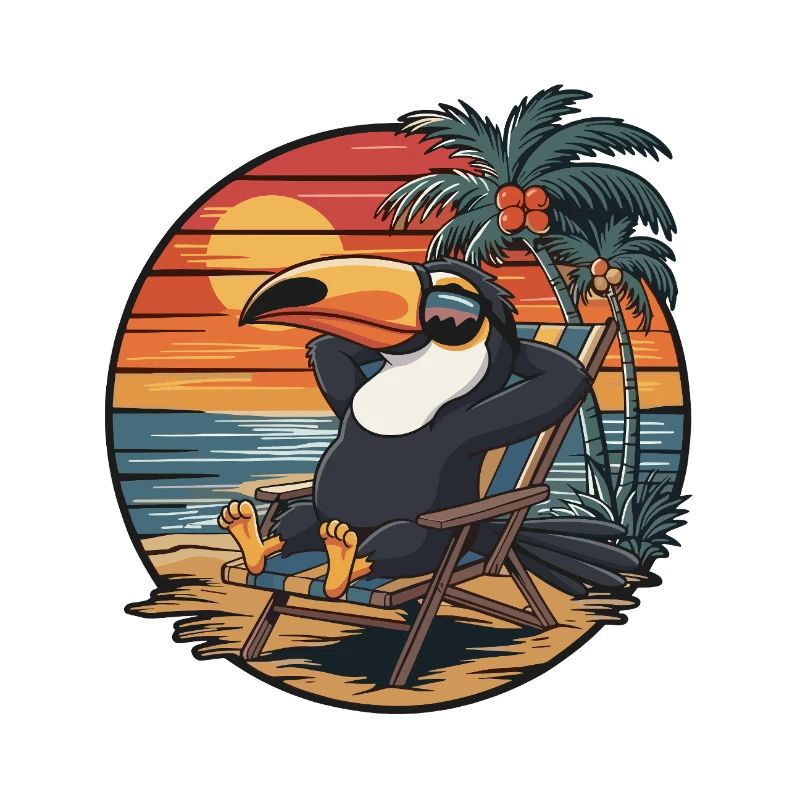 Funny Toucan on Beach Summer Vacation Sunset