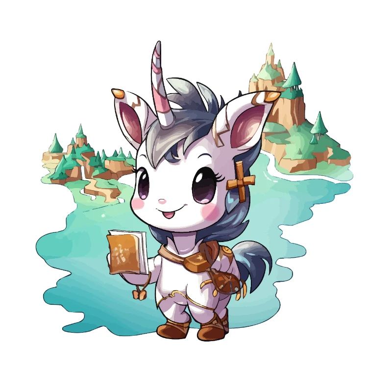 Kleiner Unicorn mit Buch am See
