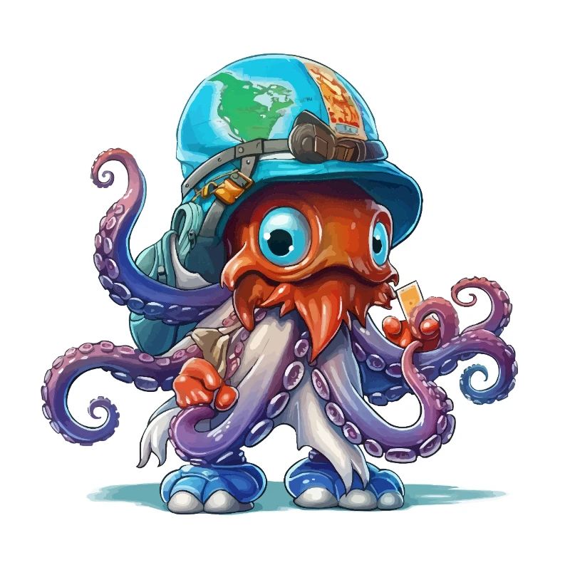 Explorateur pieuvre avec casque de carte du monde