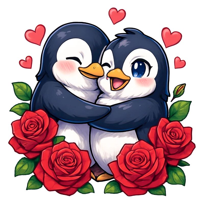 Cuddly penguins with rose heart