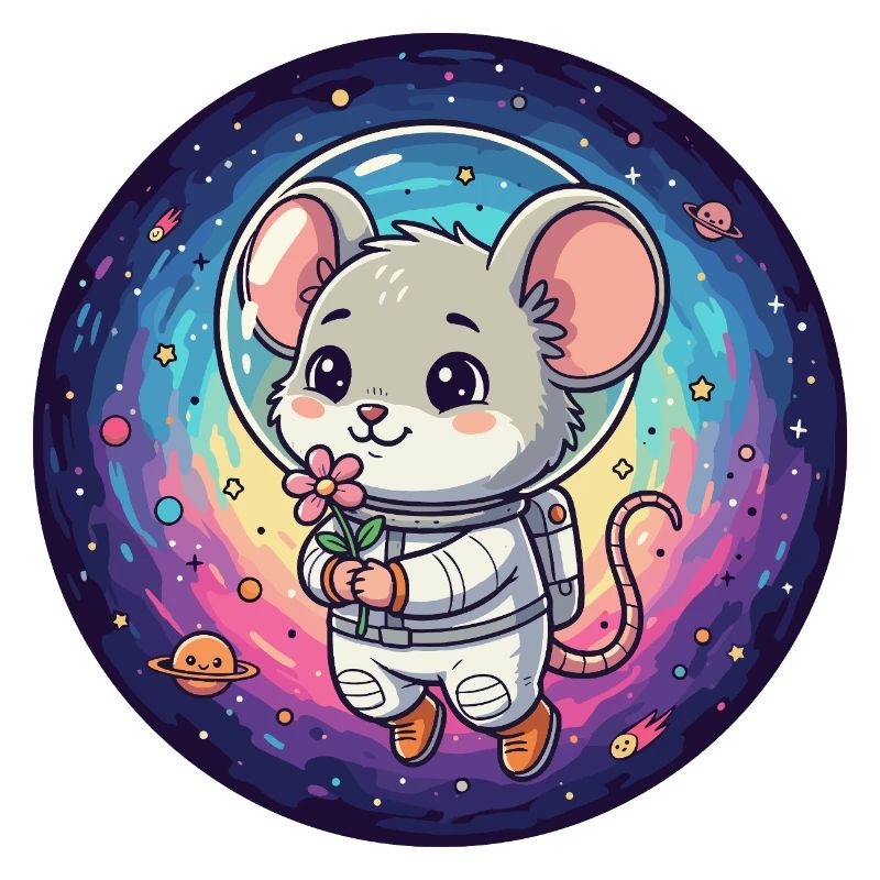 Souris en costume d’astronaute avec une fleur dans l’espace