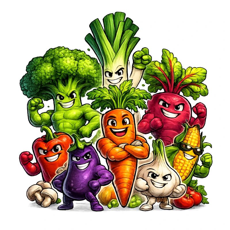 Strong vegetables in a comic look