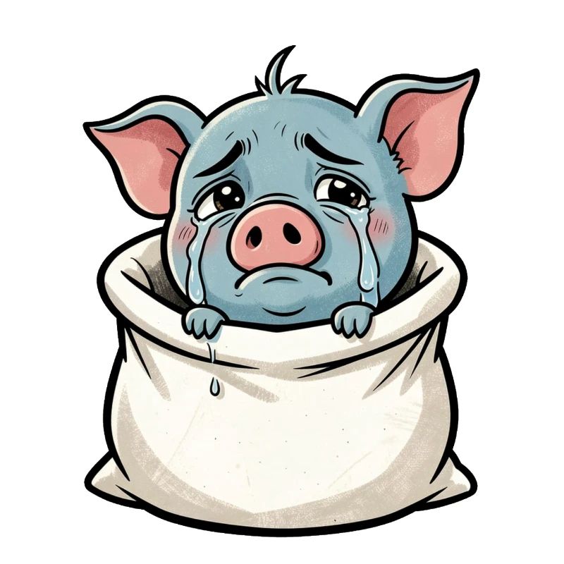Crying pig in a sack illustration