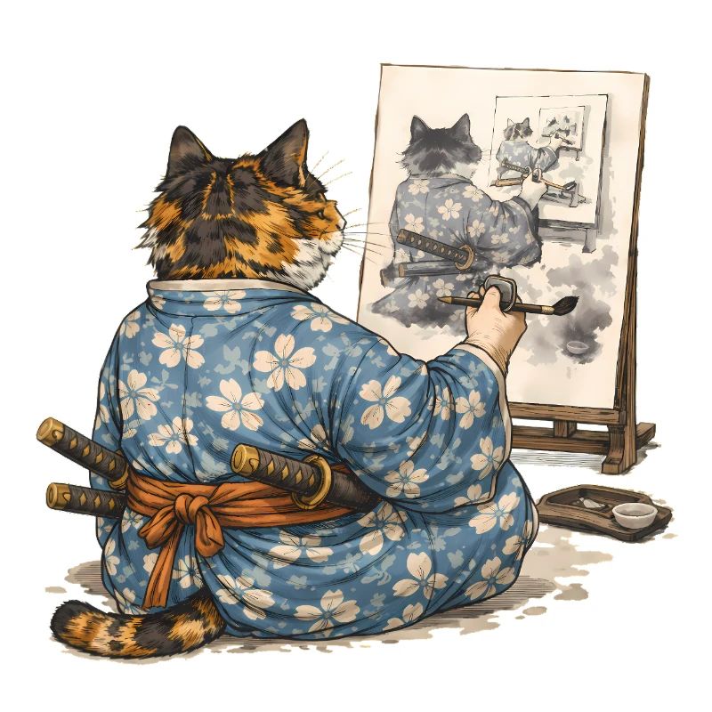 Peinture du chat samouraï : Sumi-e Ukiyo-e Art