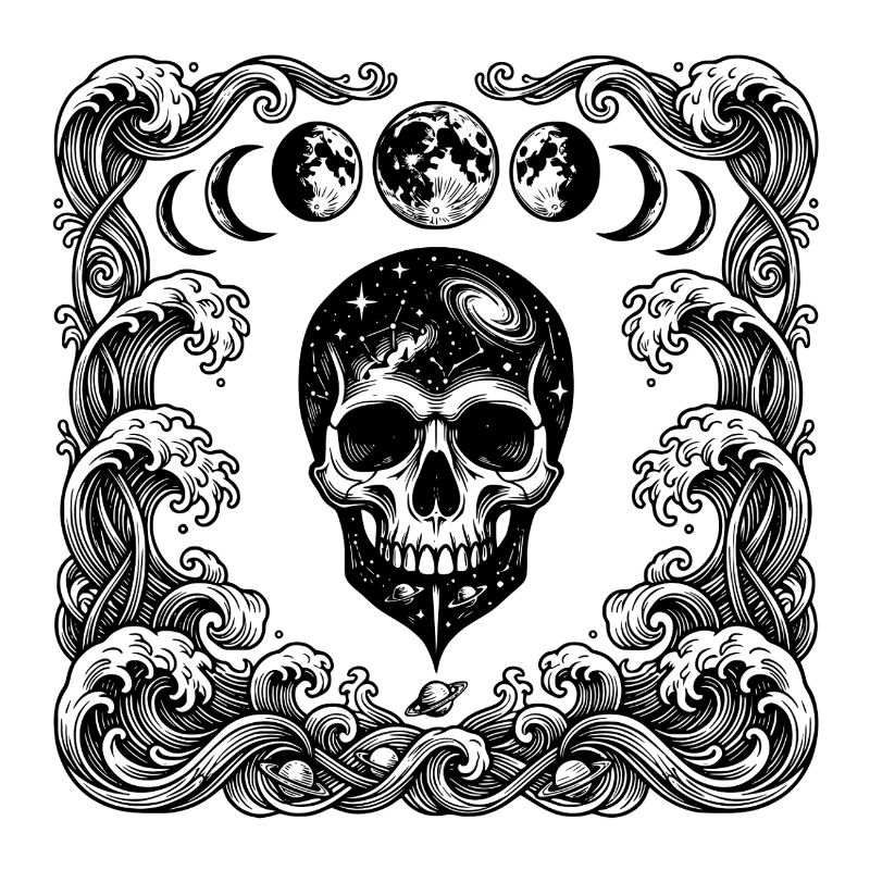 Cosmic Gothic Skull Ocean Waves Moon Phases Art