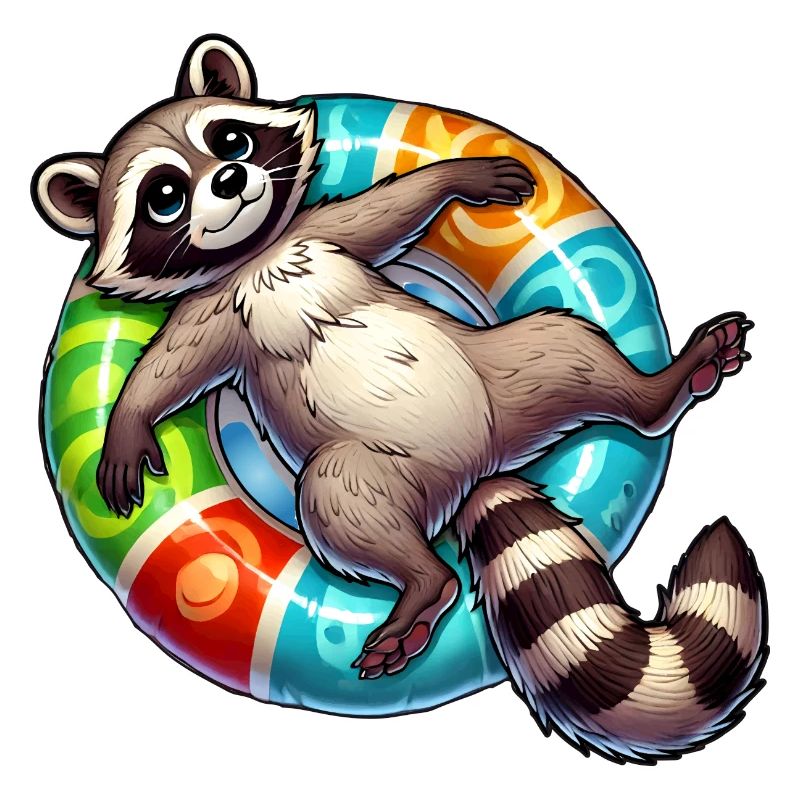 A relaxed raccoon on a swimming ring