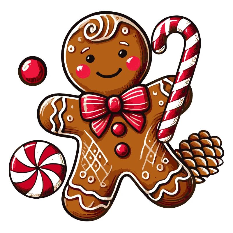 Cheerful gingerbread man with candy cane