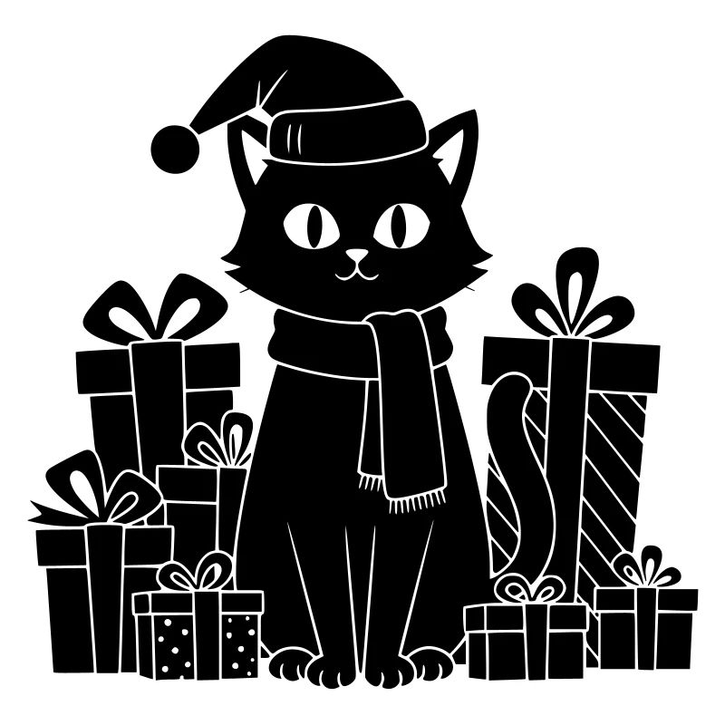 Chat de Noël entre les cadeaux