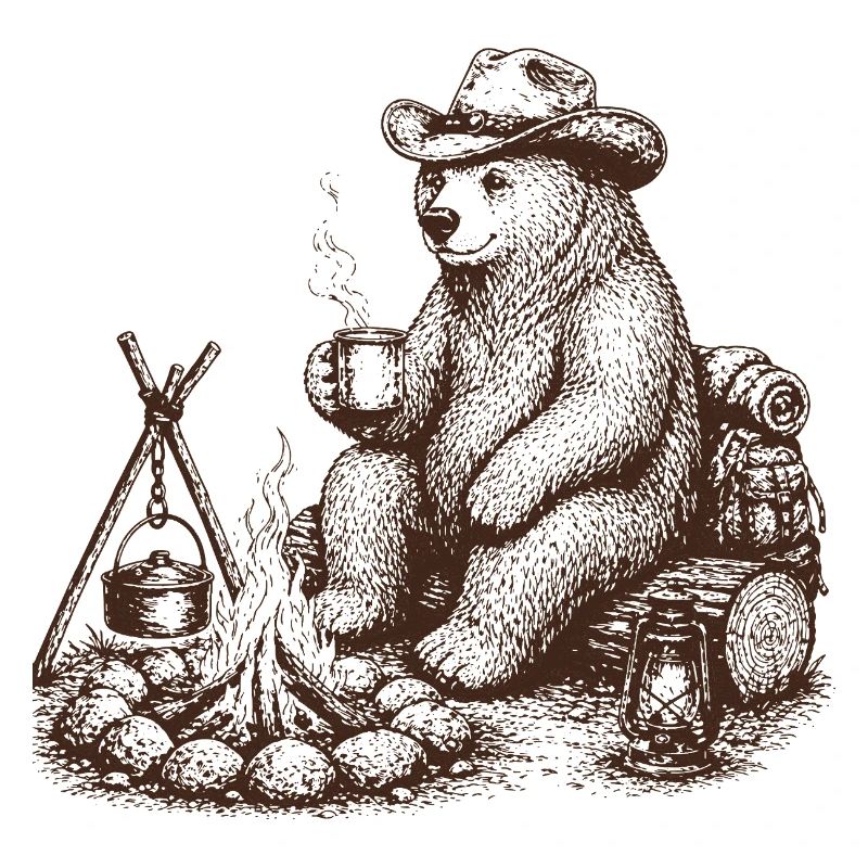 Cool bear at the campfire camping motif