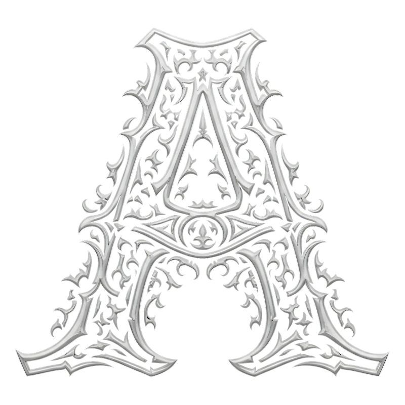 Lettre A ornée d'arabesques argentées