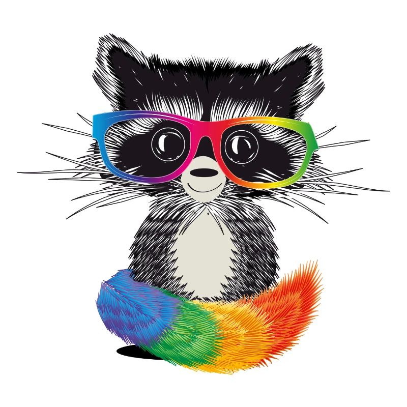 Waschbär mit Brille in Regenbogen Farben
