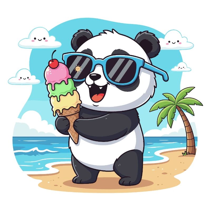 Panda am Strand mit Eiscreme