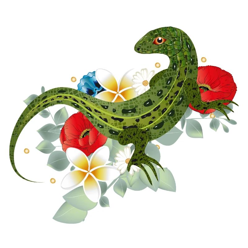 Grüne Eidechse auf Blumen botanisches Motiv